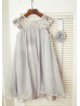 Silver Gray Lace Chiffon Knee Length Flower Girl Dress